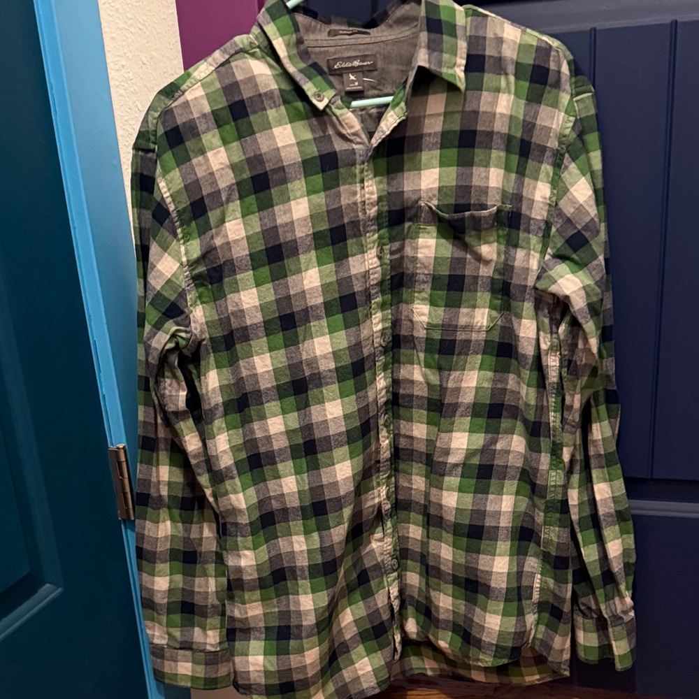 Eddie Bauer Green and Blue Plaid Button-Down Shirt